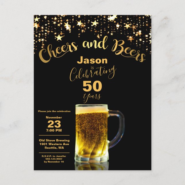 Cheers och Öl Modern 50:e födelsedag Inbjudan Vykort (Framsida)