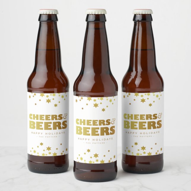Cheers och Öl | Roligt Julvit och Guld Ölflaska Etikett (Flaskor)