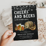Cheers & Öl Bachelor Party-inbjudan Inbjudningar<br><div class="desc">Rustiska inbjudningar från reklampartier med en bakgrund med en kriteffekt,  ett urval av vattenfärgen öl,  sötsaker och en öltunna,  en sträng ljus och en modern "cheers and öl"-party-mall som är lätt att anpassa.</div>