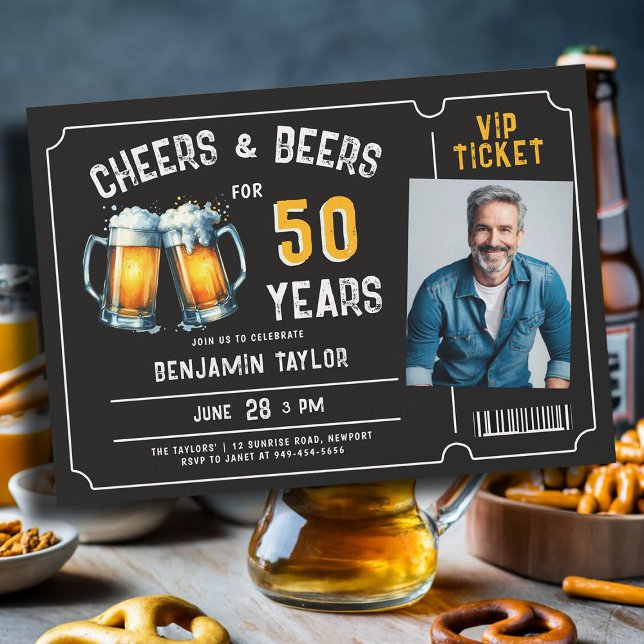 Cheers Öl Biljett Manar Black 50:e födelsedagsfoto Inbjudningar (mens 50th birthday beer party invitation ticket photo black white yellow cheers rustic fun classy)
