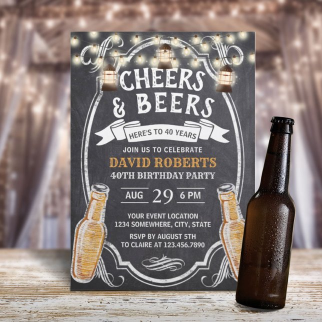 Cheers & Öl Rustic Chalkboard 40:e födelsedagen Inbjudningar (Skapare uppladdad)
