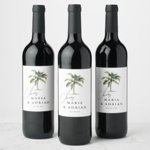 Cheers! Palm Tree Tropical Beach Wedding Vinflaska Etikett