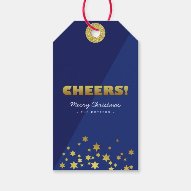 Cheers | Roligt Julblått och Guld Presentetikett (Framsidan)