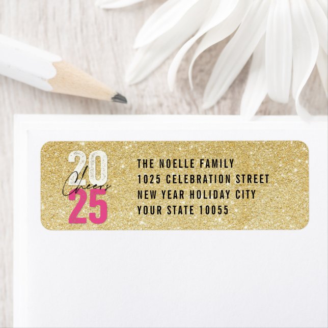 Cheers Rosa 2025 Glitter nyårsprogram Returadress Returadress Etikett (Insitu)