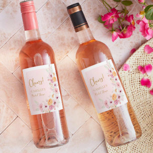 Cheers Rosa Blommig Trädgård Bröllopsdusch Vinflaska Etikett