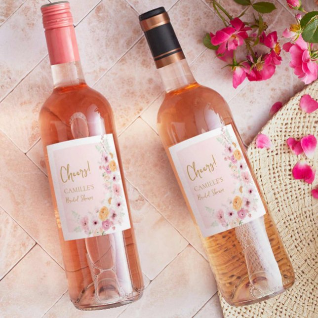 Cheers Rosa Blomsterträdgård Bröllopsdusch Vinflaska Etikett (Pink Floral Bridal Shower Wine Labels)
