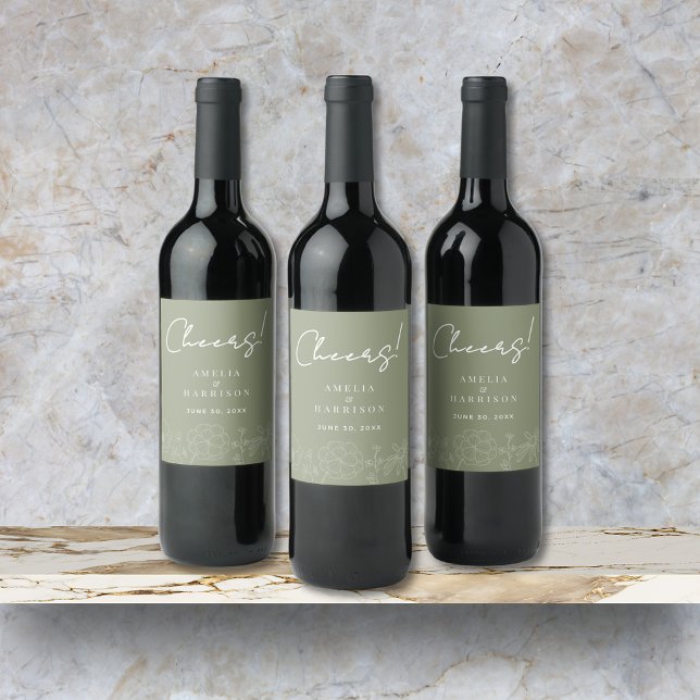 Cheers Sage Grönt Elegant Blommigt Bröllop Vinflaska Etikett (Cheers Sage Green Elegant Floral Wedding Wine Bottle Label with Couple Names, Wedding Date.)
