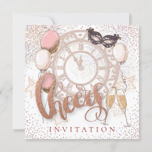 Cheers Script Champagne ConfettI New Year Party Inbjudningar