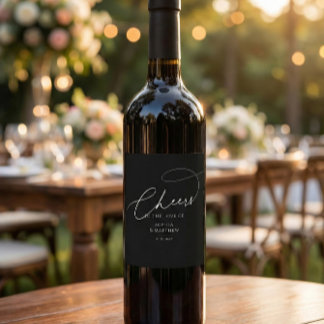 Cheers Script Typography Black Wedding Vinflaska Etikett