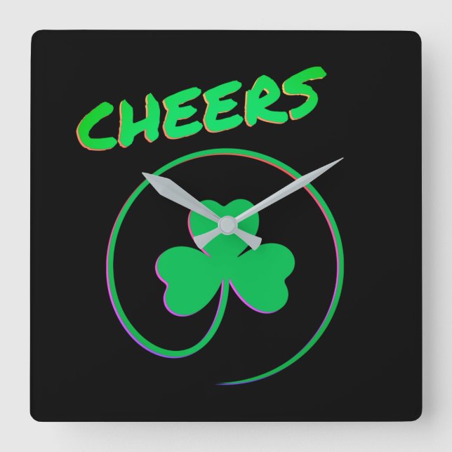 Cheers Shamrock Klöver Ireland Fyrkantig Klocka (Framsida)