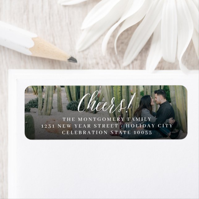 Cheers Simple Calligraphy Photo New Year Adress Returadress Etikett (Insitu)