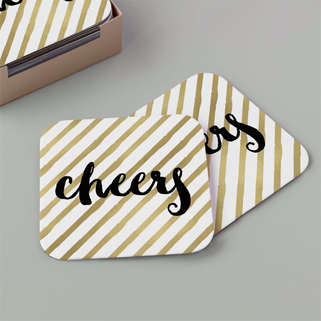 Cheers | Svart och faux Guld Rand Underlägg Papper Kvadrat (Skapare uppladdad)