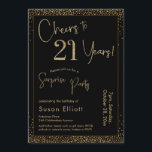 Cheers till 21 års Surprise Födelsedagsfest Black Inbjudningar<br><div class="desc">Med två utmärkande typsnitt har jag skapat grafik för ditt tillkännagivande och förskönat dem med en faux-metallisk guld-effekt för ett festligt liv. Även om varje del kan flyttat runt till kostym för dina behov, står rubriken "Cheers to 21 Years!" och "Surprise Party". ("Överraskning" kan tas bort om party inte är...</div>