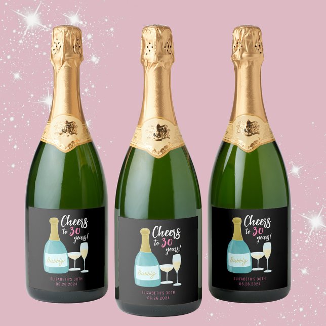Cheers till 30 år med bubbla 30års födelsedag part (Cheers to 30 years, 30th birthday party bottle labels)