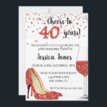 Cheers till 40 år Red Glitter Vin Heels Inbjudningar<br><div class="desc">Den här designen har skapats genom digital grafik. Det kan vara personlig i området att tillhandahålla eller anpassa genom att klicka för att anpassa ytterligare alternativ och ändra namn, initialer eller ord. Du kan också ändra texten färg och stil eller ta bort texten för en bilddesign. Kontakta mig på colorflowcreations@gmail.com...</div>