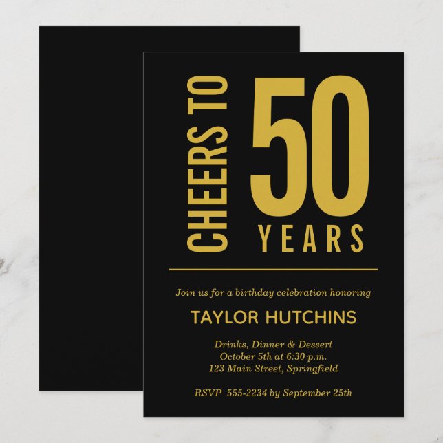 Cheers till 50 år Black och Guld Birthday Inbjudningar (Fram/baksida)