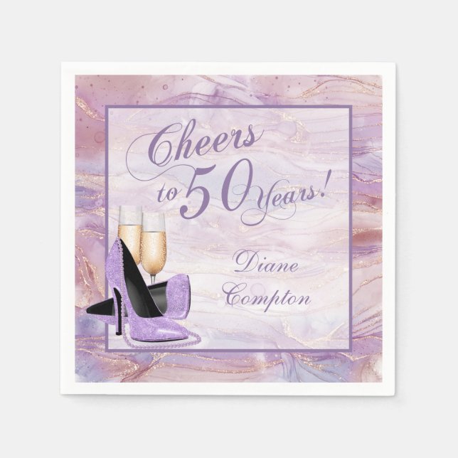 Cheers till 50 år Lavender Guld Pappersservett (Framsidan)