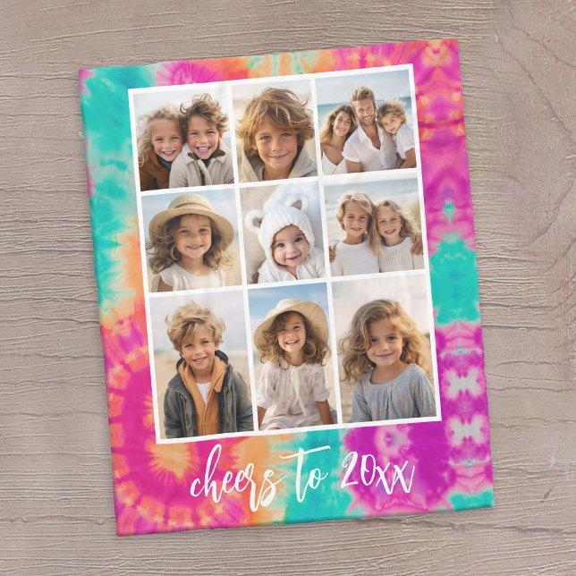 Cheers till nyårsafton för tie-Dye Teal 70s Vibe Fleecefilt (A tie dye design with 9 photos and a place to add text)