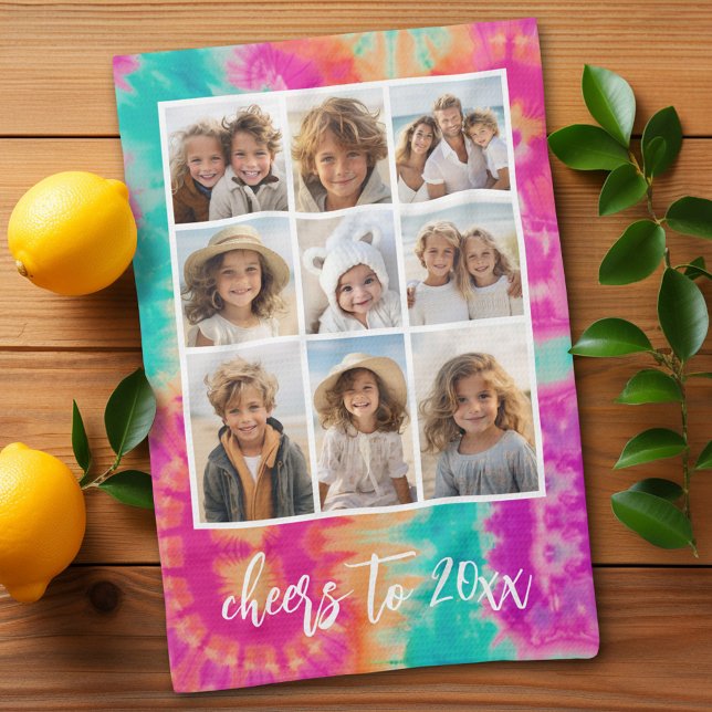 Cheers till nyårsafton för tie-Dye Teal 70s Vibe Kökshandduk (Personalized kitchen towel with 8 photos and tie dye pattern)