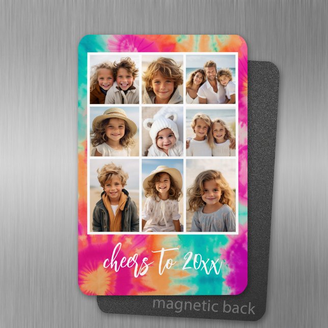 Cheers till nyårsafton för tie-Dye Teal 70s Vibe Magnet (Personalized fridge magnet with photos and custom text)