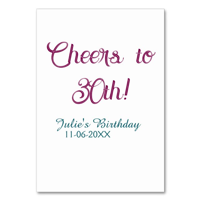 Cheers to 30th birthday name date mauve blue elega bordsnummer (Framsidan)