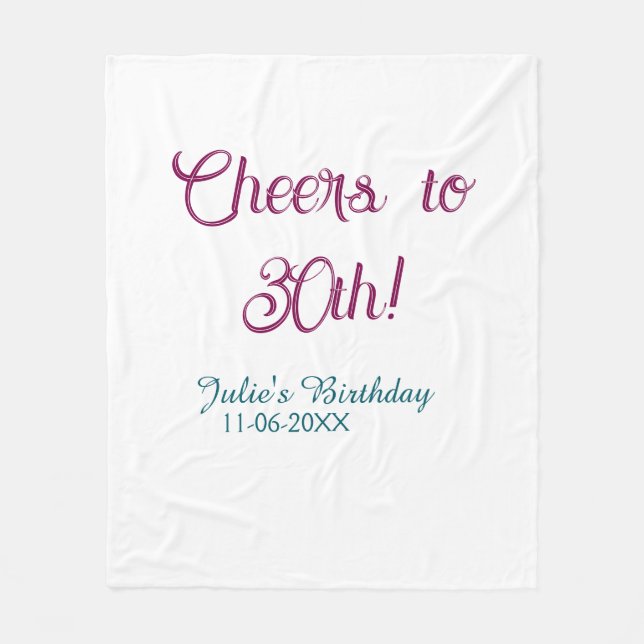 Cheers to 30th birthday name date mauve blue elega fleecefilt (Framsidan)