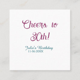 Cheers to 30th birthday name date mauve blue elega fyrkantigt visitkort