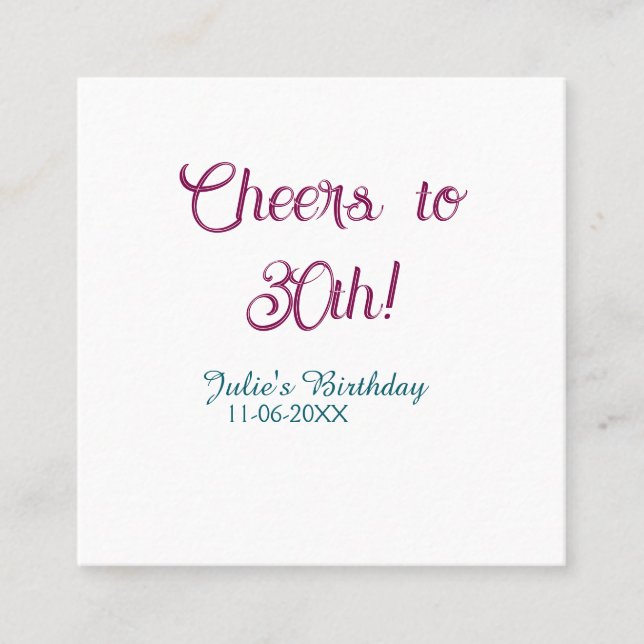 Cheers to 30th birthday name date mauve blue elega fyrkantigt visitkort (Framsida)