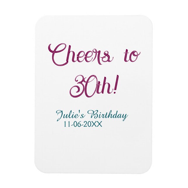 Cheers to 30th birthday name date mauve blue elega magnet (Vertikal)