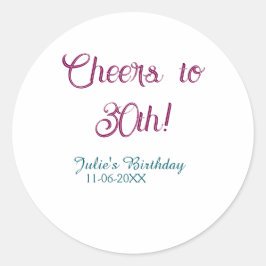 Cheers to 30th birthday name date mauve blue elega runt klistermärke