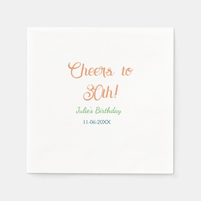 Cheers to 30th birthday name date orange green blu pappersservett (Framsidan)