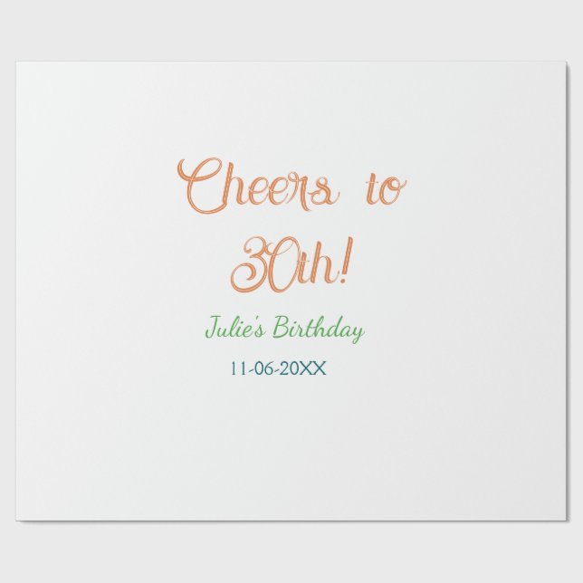 Cheers to 30th birthday name date orange green blu presentpapper (Platt)