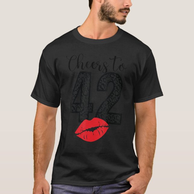 Cheers To 42 Years Lips Happy Birthday Leopard Bor T Shirt (Framsida)