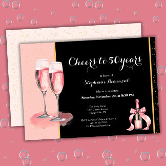 Cheers to 50 Years Black Champagne Birthday Inbjudningar