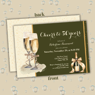 Cheers to 50 Years Cream Green Champagne Birthday Inbjudningar