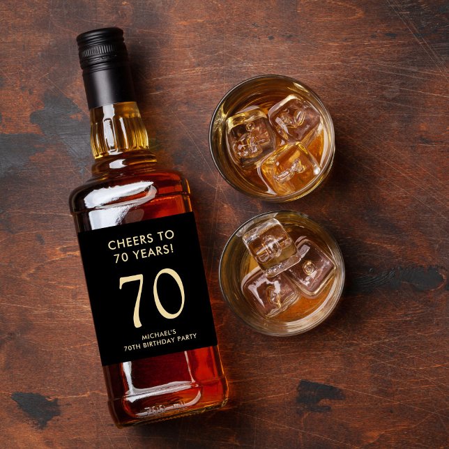 Cheers to 70 Years Black Gold 70th Birthday Party Spritflaskor Etikett (Skapare uppladdad)