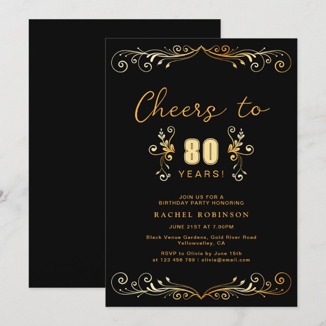 Cheers to 80 Years Birthday Party Black & Gold Inbjudningar (Fram/baksida)