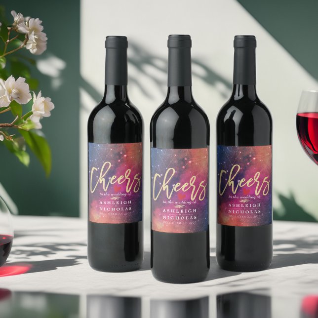 Cheers to Bröllop Galaxy Nebula Constellations Vinflaska Etikett (Skapare uppladdad)