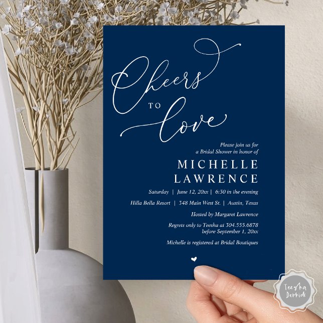 Cheers to kärlek, Romantic Möhippa Party Inbjudningar (Cheers to love, Romantic Bridal Shower Party Invitation Card, PDF, in Navy Blue)