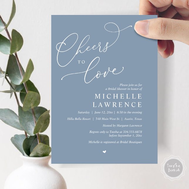 Cheers to kärlek, Romantic Möhippa Party Inbjudningar (Cheers to love, Romantic Bridal Shower Party Invitation Card, PDF, in Dusty Blue)