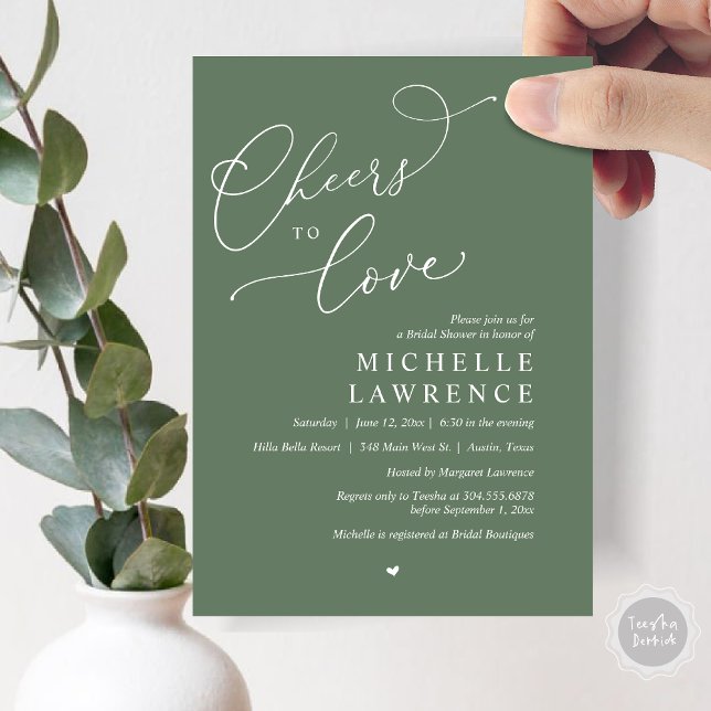 Cheers to kärlek, Romantic Möhippa Party Inbjudningar (Cheers to love, Romantic Bridal Shower Party Invitation Card, PDF, in Forest Sage Green)