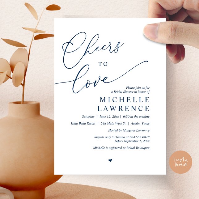 Cheers to kärlek, Romantic Möhippa Party Inbjudningar (Cheers to love, Romantic Bridal Shower Party Invitation Card, PDF, in Navy Blue)