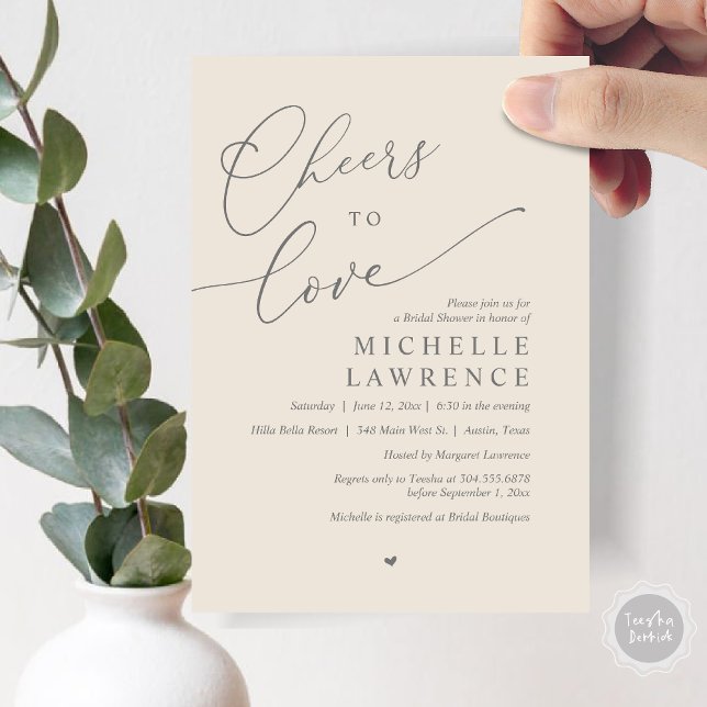 Cheers to kärlek, Romantic Möhippa Party Inbjudningar (Cheers to love, Romantic Bridal Shower Party Invitation Card, PDF, in Dark Grey Cream)