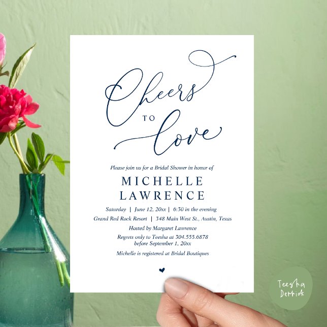 Cheers to kärlek, Romantic Möhippa Party Inbjudningar (Cheers to love, Romantic Bridal Shower Party Dinner Wine Cocktail Invitation Card, PDF, Navy Blue)