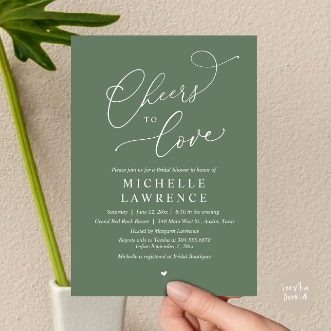 Cheers to kärlek, Romantic Möhippa Party Inbjudningar (Cheers to love, Romantic Bridal Shower Party Dinner Wine Cocktail Invitation Card, PDF Greenery Sage)