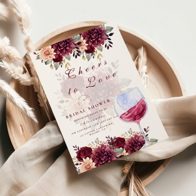 Cheers to Love Burgundy Floral Bridal Shower Inbjudningar (Skapare uppladdad)
