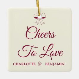 Cheers To Love Burgundy Script Ivory Bow Wedding Julgransprydnad Keramik