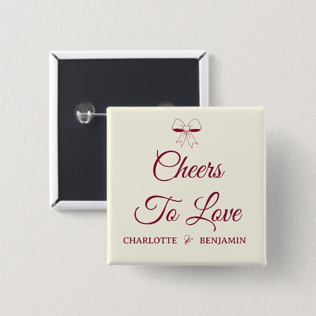 Cheers To Love Burgundy Script Ivory Bow Wedding Knapp (Framsida & baksida)