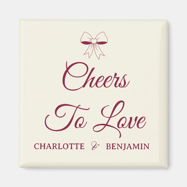 Cheers To Love Burgundy Script Ivory Bow Wedding Magnet (Framsidan)