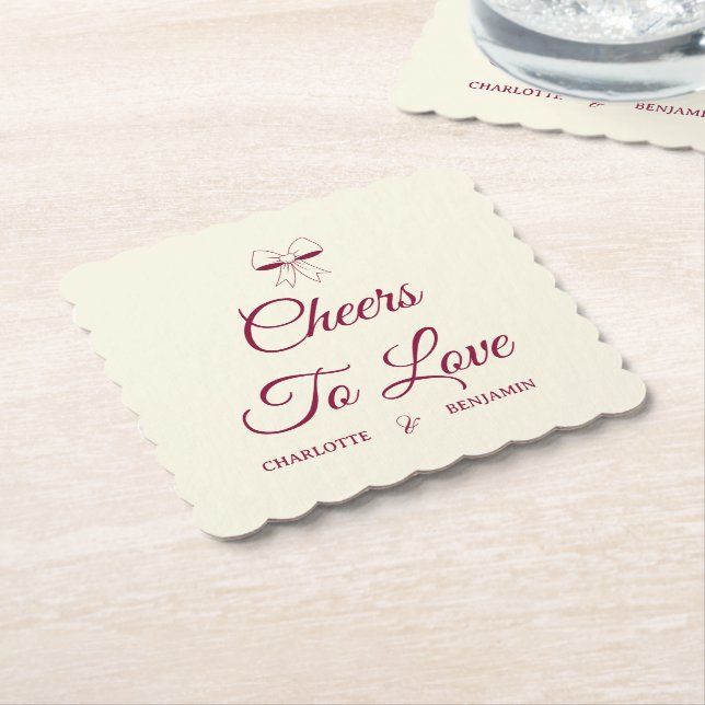 Cheers To Love Burgundy Script Ivory Bow Wedding Underlägg Papper (Vinklad)